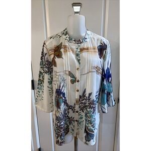 Citron Santa Monica Silk Asian Top Blouse Butterfly Floral Women's -Size PM